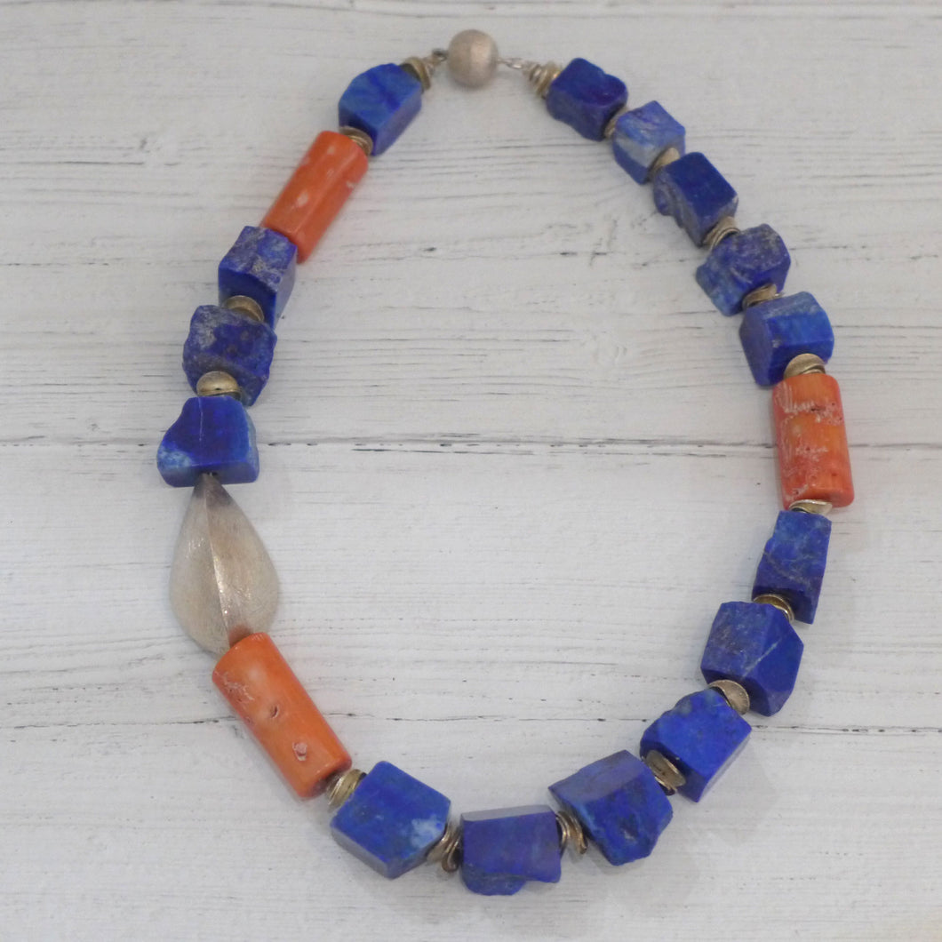 Lapis, coral and silver necklace 7TS