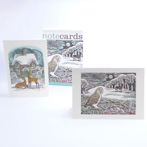 Angela Harding owls and Xmas cottage notecard pack