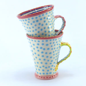 Turquoise flared spotty mug pink handle