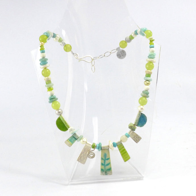 Aqua and lime enamelled silver and semi precious stone necklace NPJ33