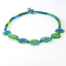 Load image into Gallery viewer, Daisy Chain Glass Necklace Blue, Turquoise &amp; Green PC15