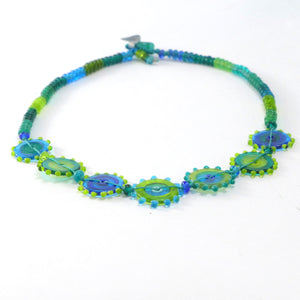 Daisy Chain Glass Necklace Blue, Turquoise & Green PC15