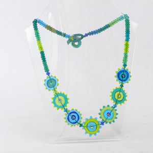 Daisy Chain Glass Necklace Blue, Turquoise & Green PC15
