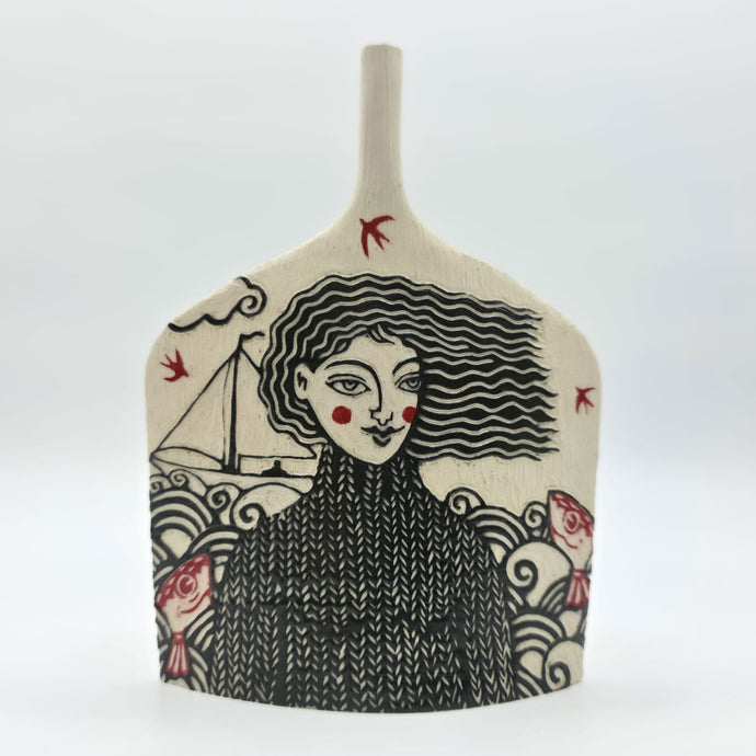 Fisher Girl and Sail Boat Small Vessel