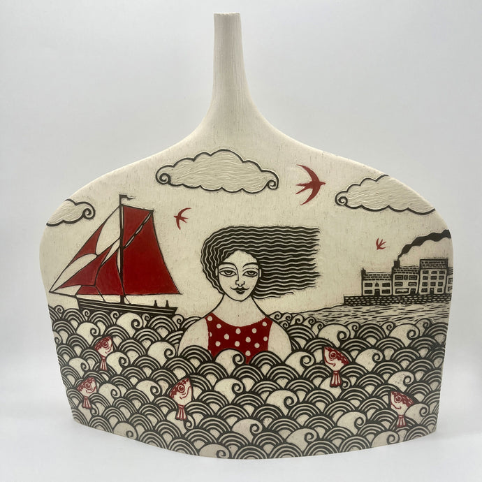 Swimmer and Sailing Boat Large Vessel