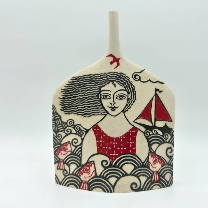 Swimmer and Sail Boat Small Vessel