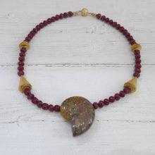 Load image into Gallery viewer, Ammonite, garnet coloured glass and gold plated silver necklace Rokz 4