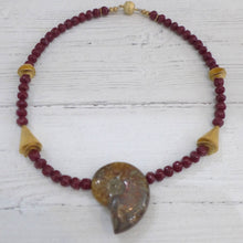 Load image into Gallery viewer, Ammonite, garnet coloured glass and gold plated silver necklace Rokz 4