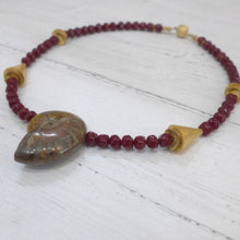 Load image into Gallery viewer, Ammonite, garnet coloured glass and gold plated silver necklace Rokz 4
