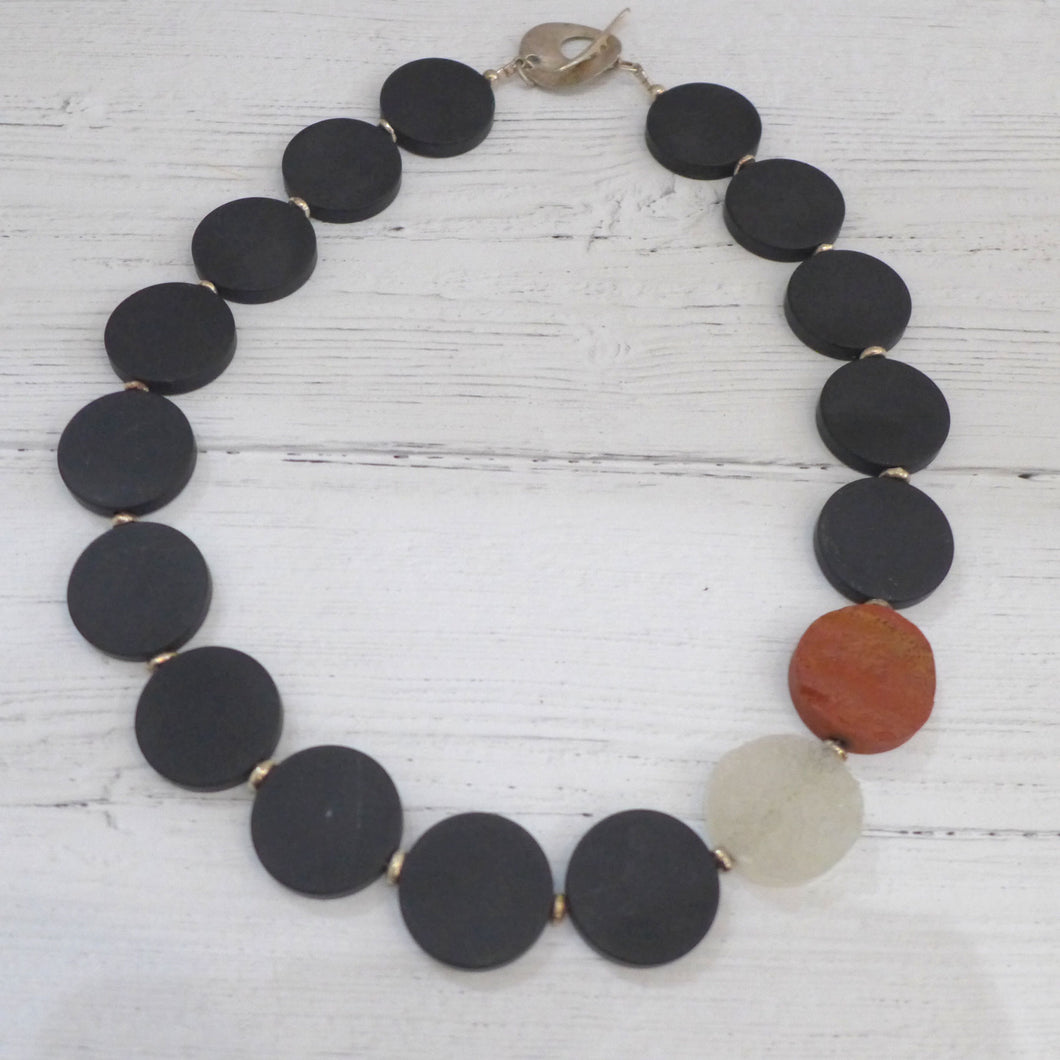 Onyx, Druzy rock crystal, brick jasper & silver necklace Rokz 9
