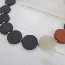 Load image into Gallery viewer, Onyx, Druzy rock crystal, brick jasper &amp; silver necklace Rokz 9