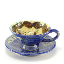Load image into Gallery viewer, Blue cup and saucer turquoise spots